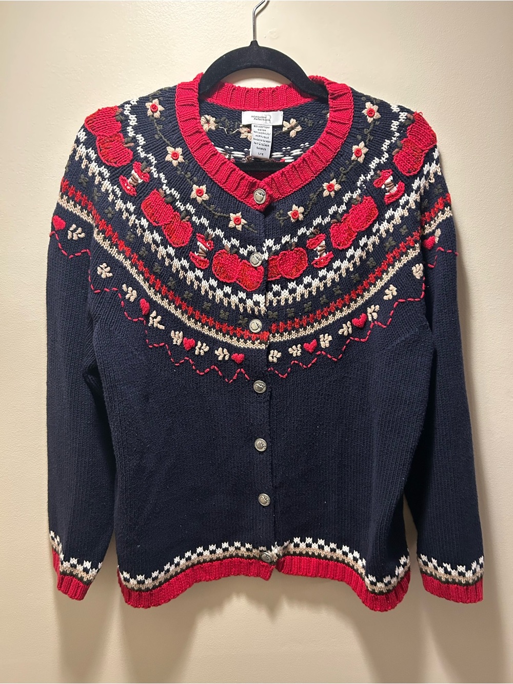 Northern Reflections Navy Cardigan with Red and Cream Fair Isle Accents